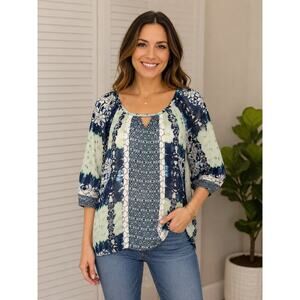 Beyond Threads L Blue Boho Peasant Blouse Lace Trim Keyhole 3/4 Sleeve